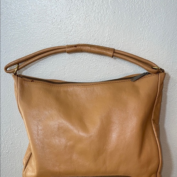 Tan Leather Hobo Shoulder Bag Slouchy Soft Large Tote Zip Front Pocket Everyday - Picture 3 of 14